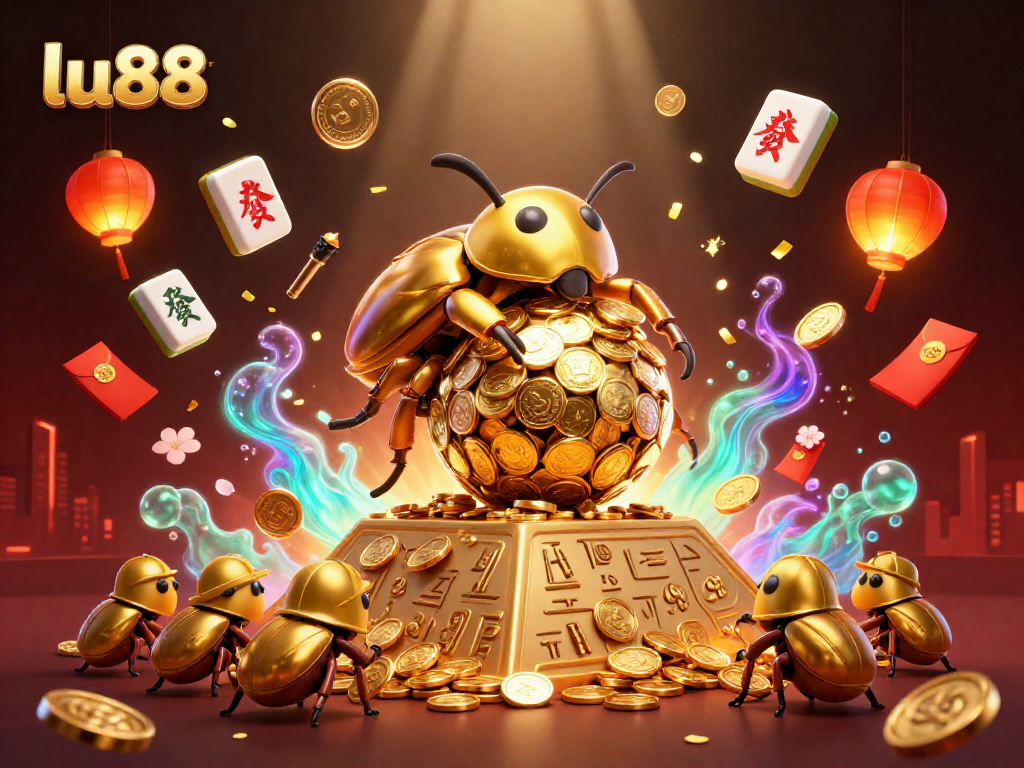 Experience excitement at lu88 with a golden beetle rolling coins amid vibrant casino symbols.