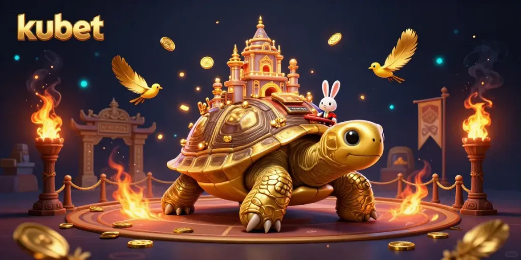 Kubet's lively casino scene featuring a golden tortoise, rabbit dealer, and golden coins.