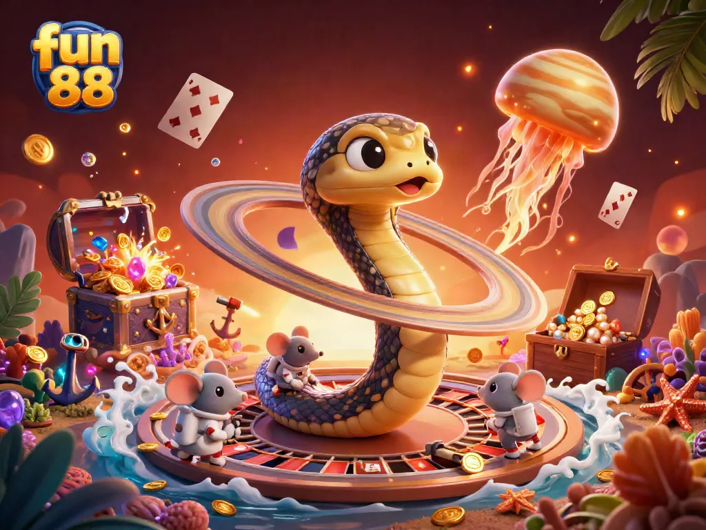 Engage with fun 88 in a playful 3D casino scene where astronaut mice bet on roulette wheels.