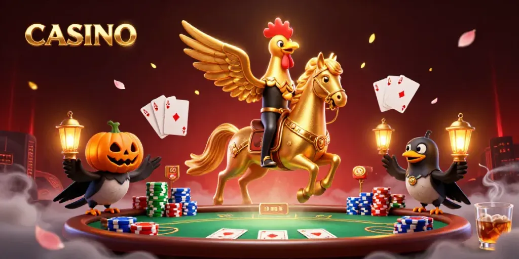 Experience the vibrant casino atmosphere as a golden rooster heads through a midnight casino with card games and glowing lanterns.