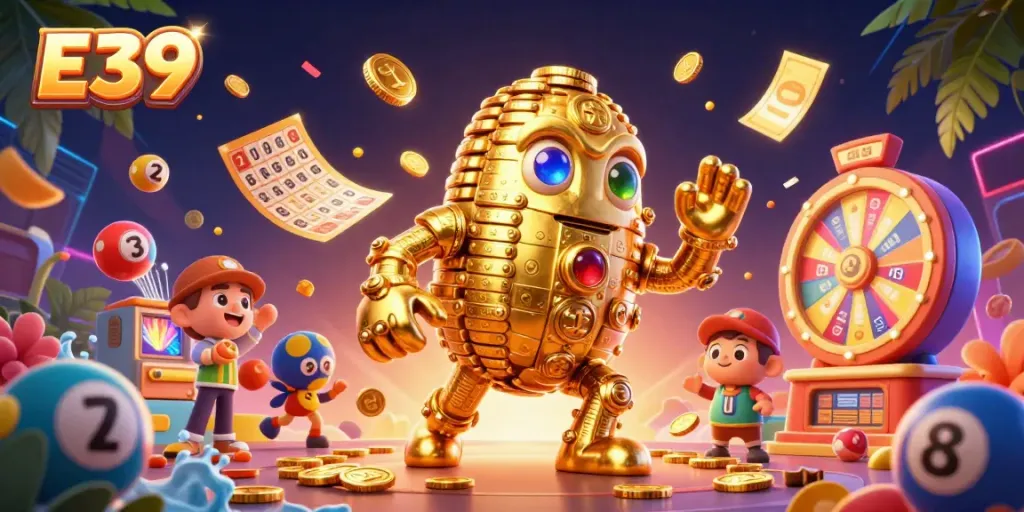 E39 gamifies excitement with a golden golem amidst colorful casino elements and thrilling rewards.