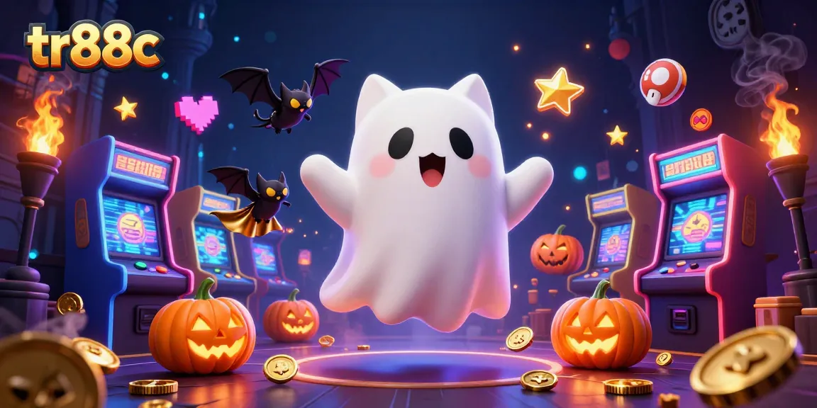 tr88c showcases a friendly ghost cat gaming in a haunted casino with dynamic vibrant elements.