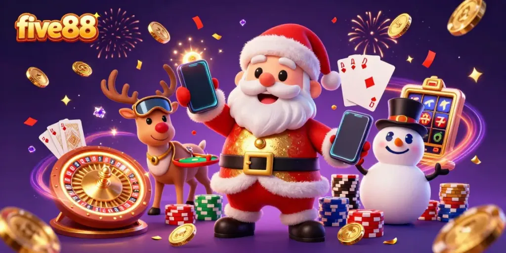 Experience the excitement of five88 with Santa and friends amidst dazzling casino elements and jackpot slots.