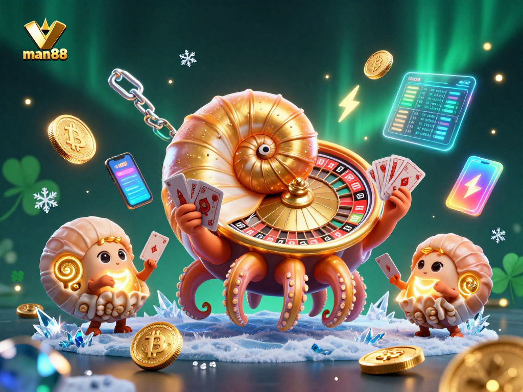 Experience thrilling action at man88 with a vibrant 3D casino scene blending elements of crypto and classic gambling.