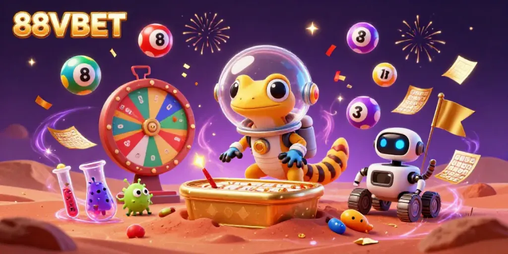 88VBET Martian gecko discovers a golden casino amidst colorful lottery excitement.