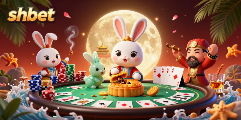 Experience shbet's thrilling gaming with a moon rabbit revealing poker chips from mooncakes.
