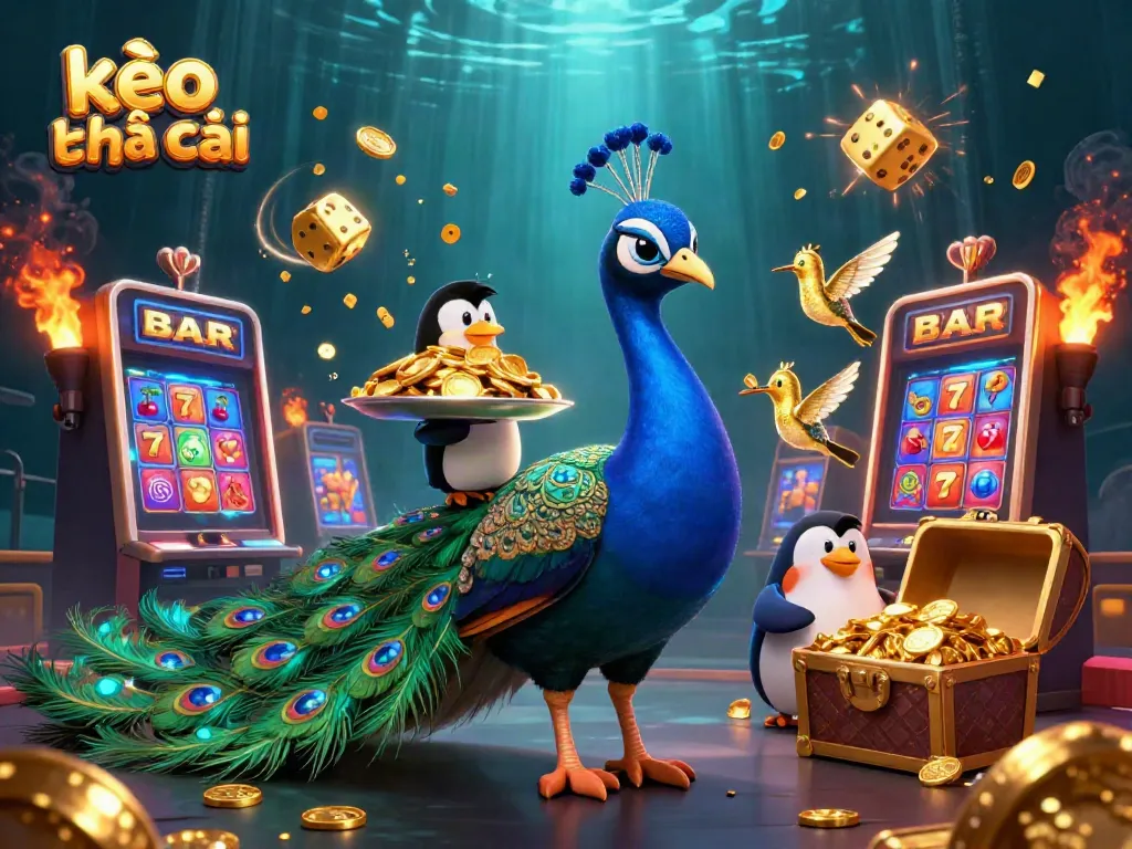 Engage with kèo nhà cái in this vibrant 3D scene featuring a peacock, penguin, and hummingbird amidst casino excitement.