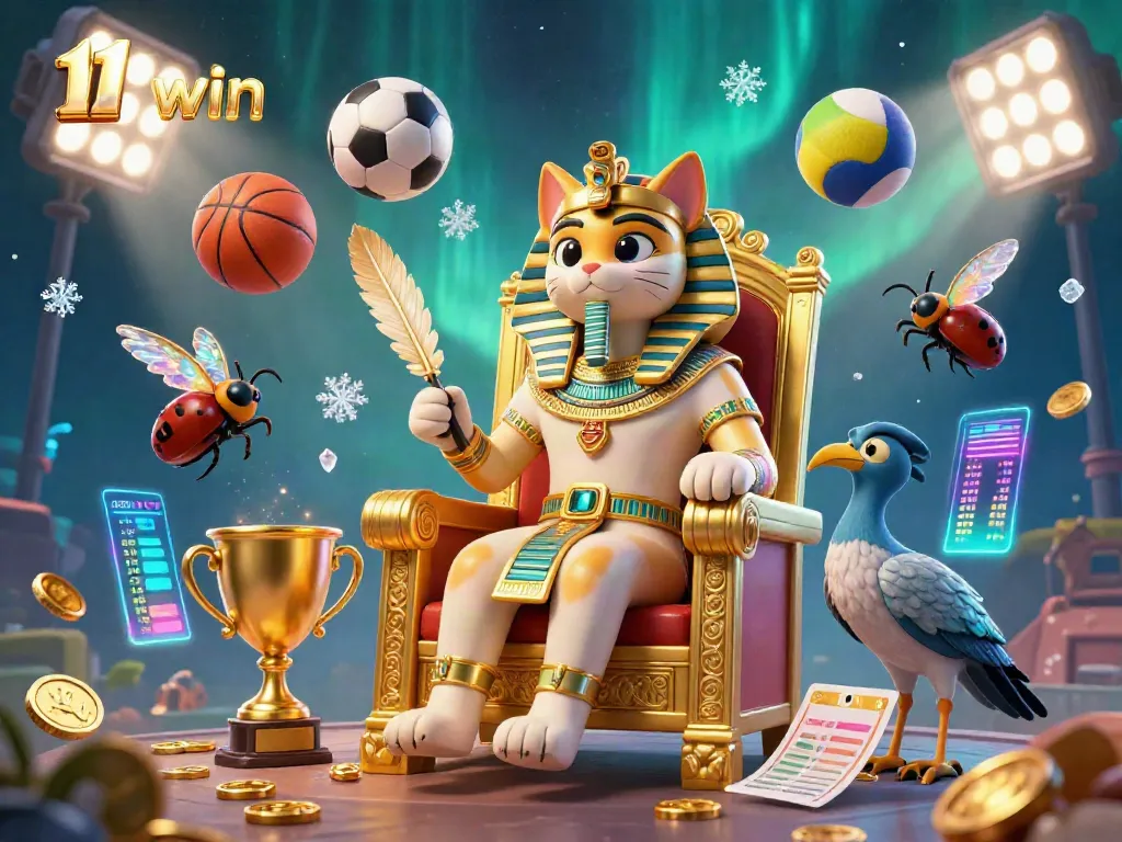 Engage in thrilling sports betting at 11 win with a vibrant 3D scene featuring an Egyptian pharaoh cat and sports elements.