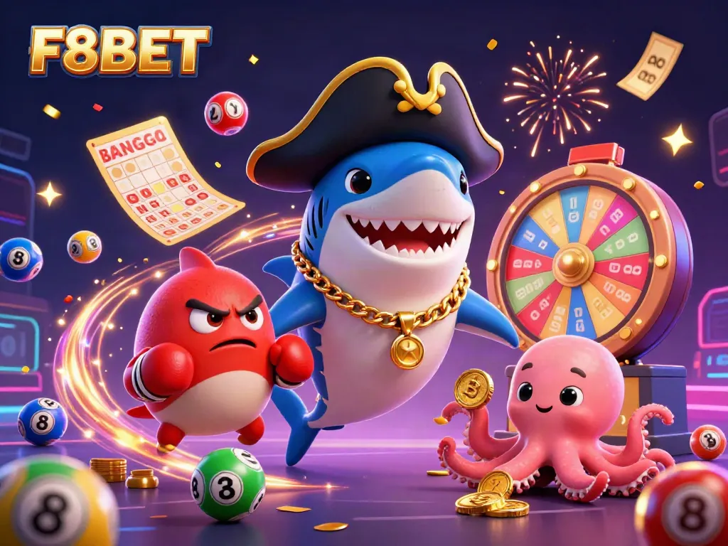 Experience the excitement of F8BET with dynamic casino elements and vibrant characters in action.