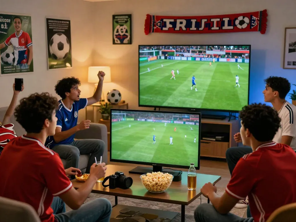 Thapcamtv fans cheering together while watching soccer live in a cozy setting.