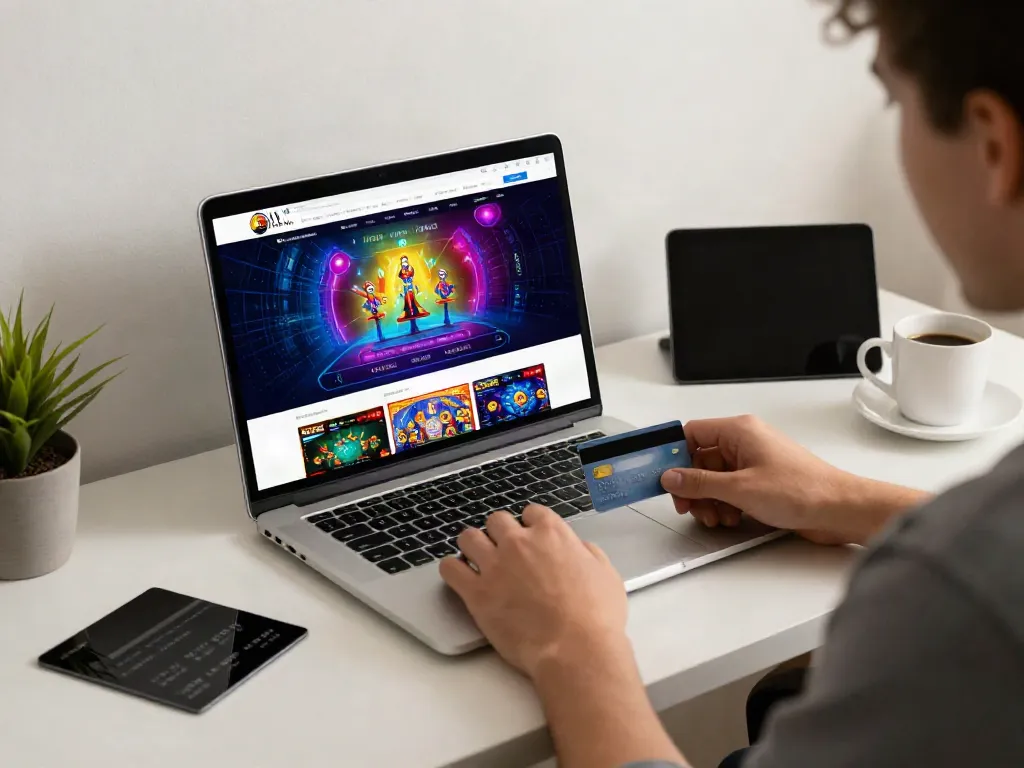 Player engaged at credit card casinos with laptop, vibrant game graphics, and credit card on desk.