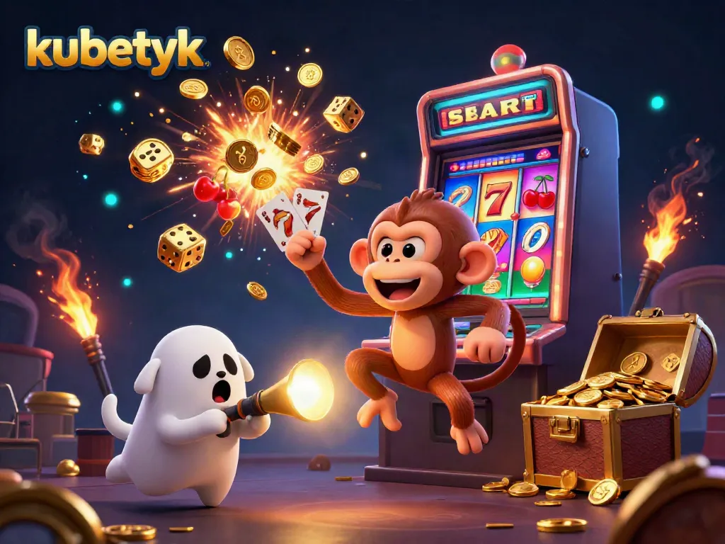 Experience thrilling gaming with kubetyk as a mischievous poltergeist monkey juggles casino treasures and a curious puppy tracks it.