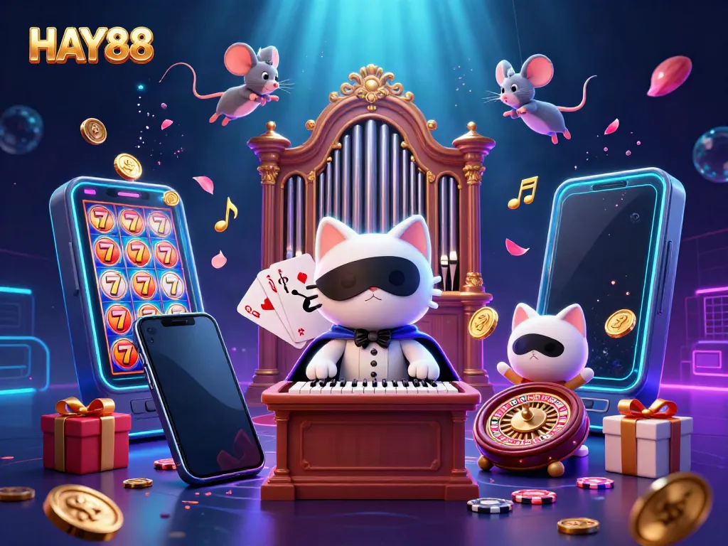 Engage with HAY88 in a vibrant 3D scene showcasing a casino-themed adventure featuring whimsical characters and gaming elements.