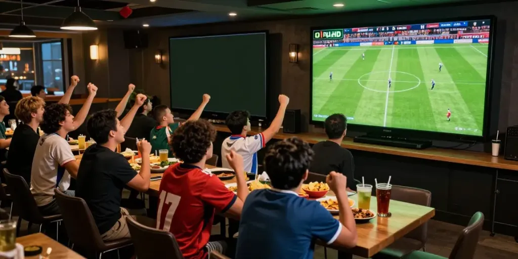 Fans enjoying a thrilling match on Xoilactv in a lively sports bar atmosphere.