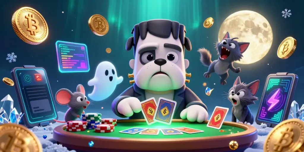 Engage in excitement with AE 888 at a spooky game table featuring themed characters and crypto elements.