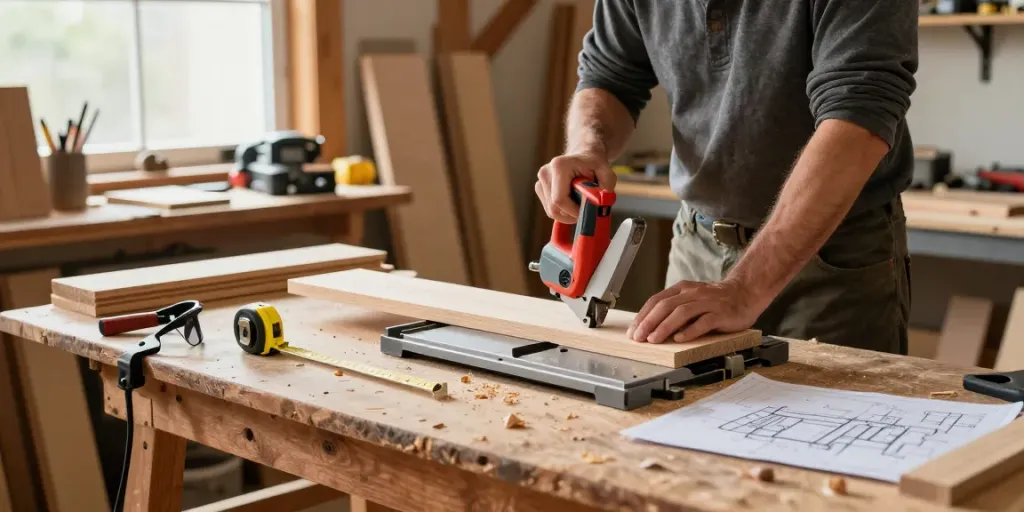 Carpenter making precise cuts with a manual mitre saw in a well-lit workshop.