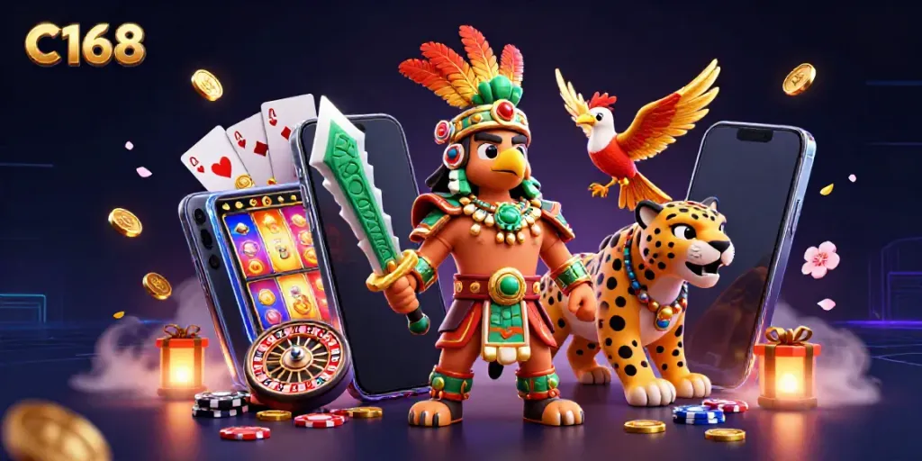 Engage with C168's vibrant 3D scene showcasing casino warriors, slot games, and rich gaming elements.