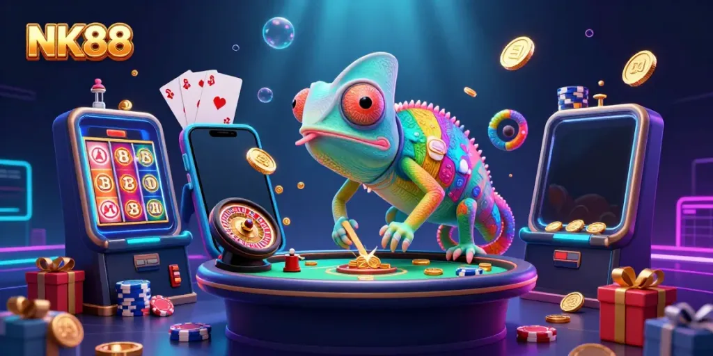 Experience vibrant gameplay with NK88 as a chameleon casino owner adds thrill to the games.