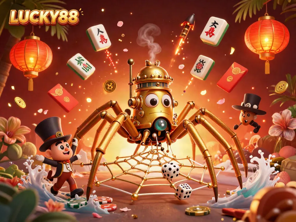 Experience the excitement of LUCKY88 with a richly detailed casino-themed illustration featuring charming characters and vibrant game elements.