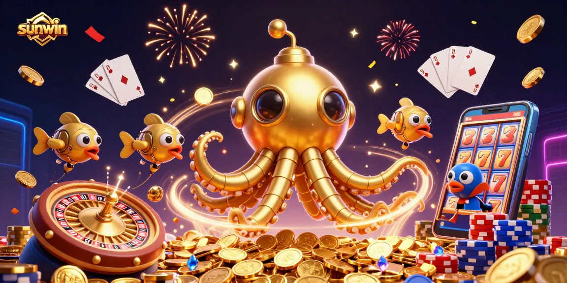 Experience the excitement of sunwin with golden kraken submarine surfacing among coins and casino elements.