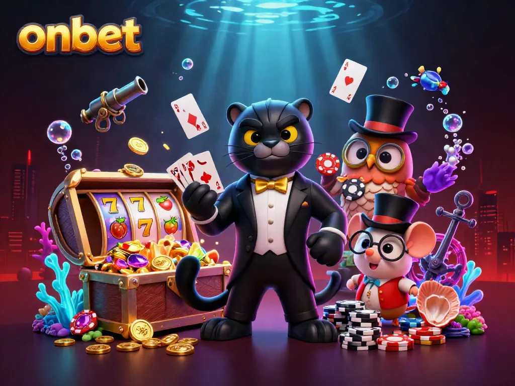 Join the fun at onbet casino with colorful characters enjoying slots and poker in a vibrant scene.