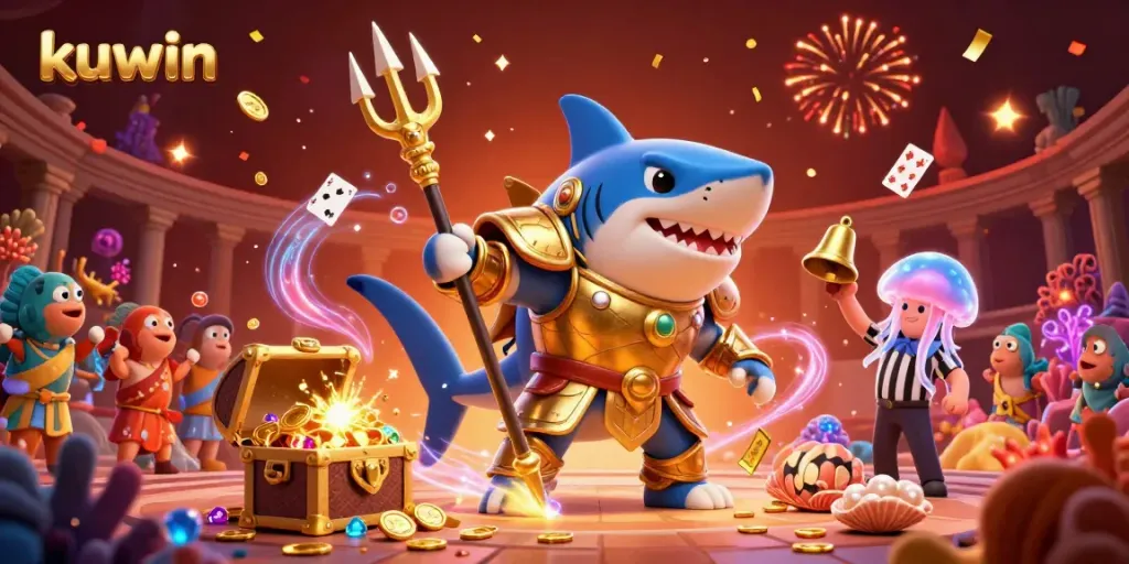 Experience thrilling kuwin gaming action with a cartoon tiger shark in an underwater colosseum, capturing excitement and fun.