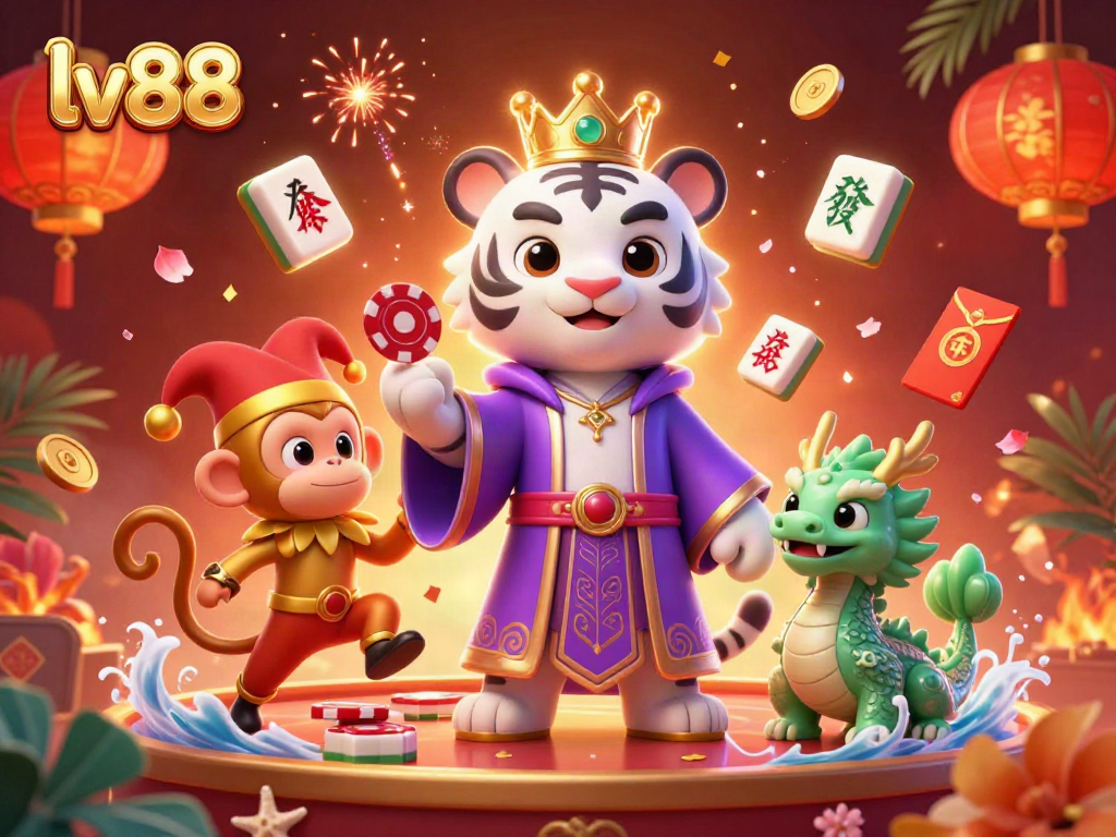 Experience the vibrant energy of lv88 with a lively scene featuring a royal tiger, playful monkey, and jade dragon.
