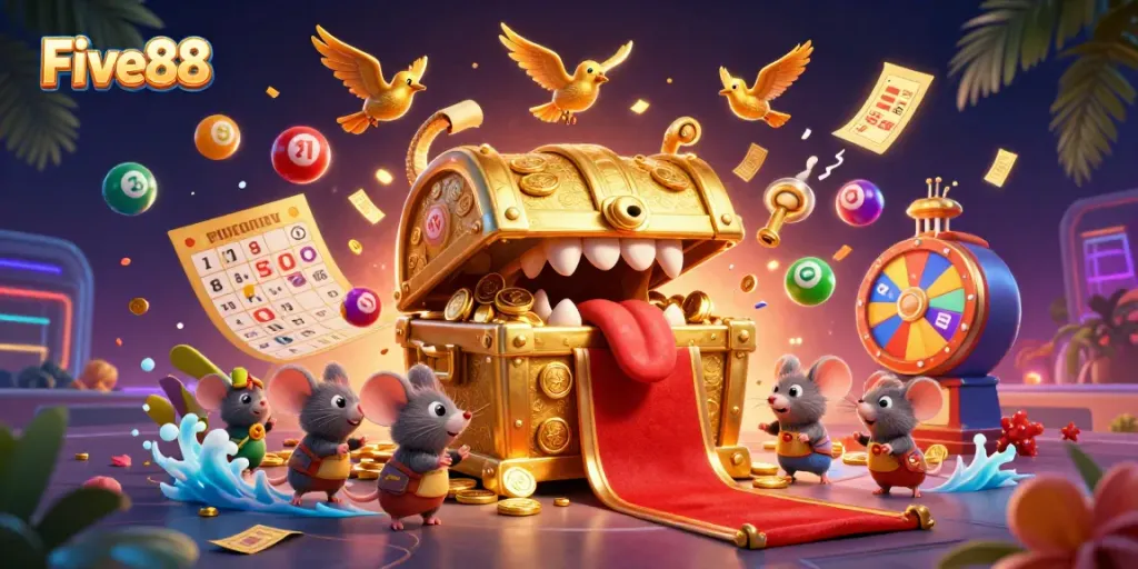 Experience winning at Five88 with a treasure chest of riches, golden tickets, and dynamic lottery elements.