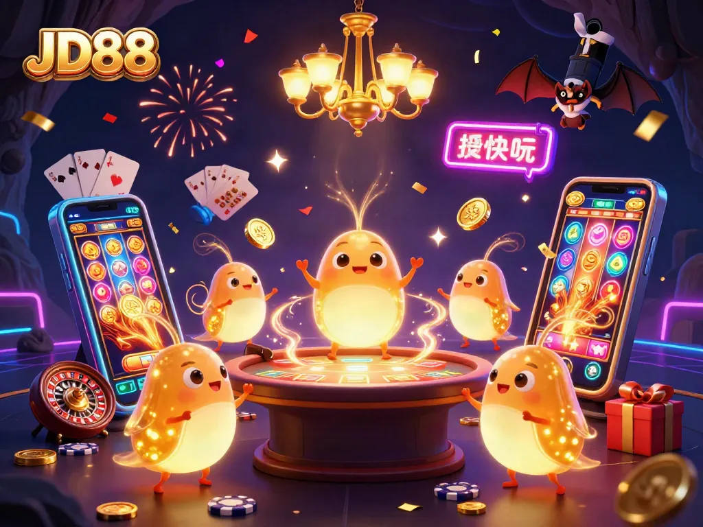 Engage with JD88's vibrant casino world featuring glowworms and a bat dealer in an exciting setup.