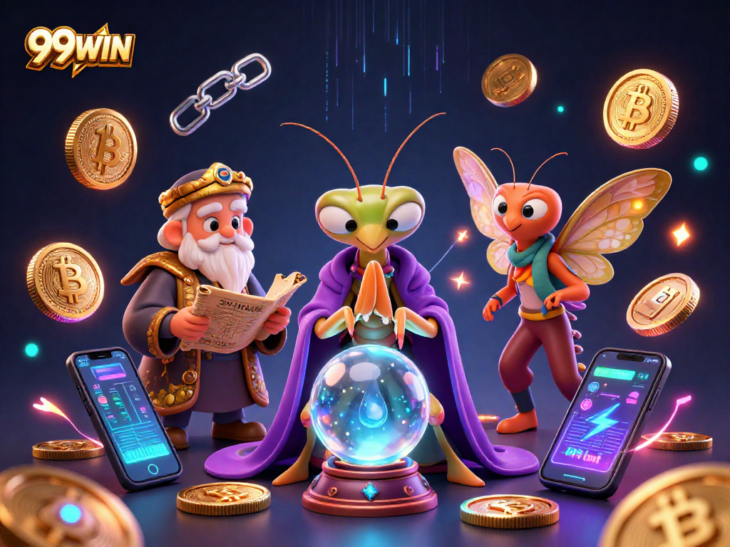 Experience the magic of 99WIN with thrilling 3D casino visuals showcasing vibrant crypto elements.