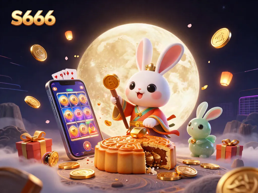 S666 showcases a captivating casino scene with a moon rabbit and poker elements, engaging players in vibrant gameplay.