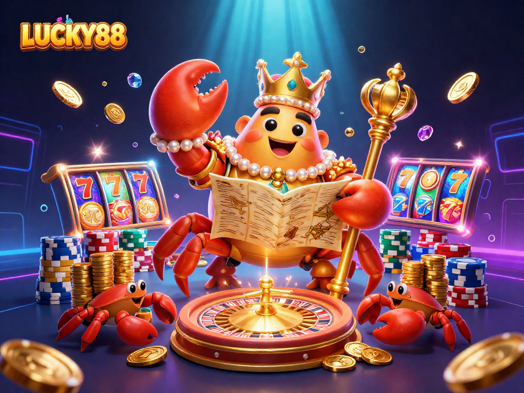 Experience LUCKY88 fortune with a crab emperor amidst vibrant casino elements and riches.