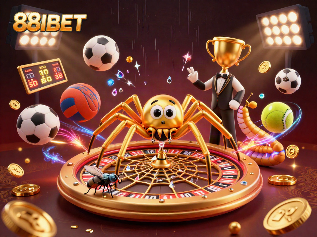 Place bets confidently with 88IBET, featuring a spider and centipede in a dynamic casino scene.
