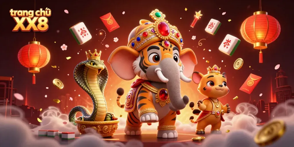 Experience excitement on trang chủ XX8 with a vibrant 3D casino scene featuring a regal tiger.