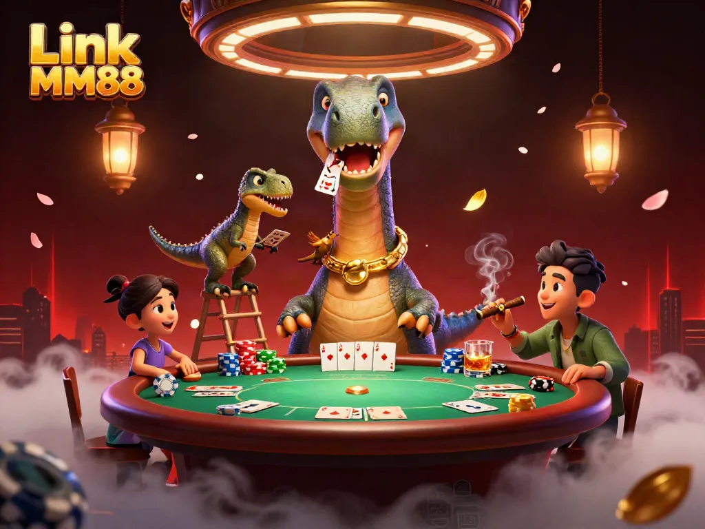 Experience the vibrant world of Link MM88 featuring a whimsical dinosaur and raptor dealer in a casino.