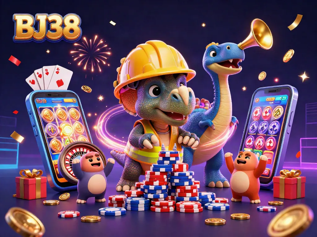 Experience the excitement of BJ38 with a lively 3D casino celebration featuring poker chips, gaming elements, and energetic characters.