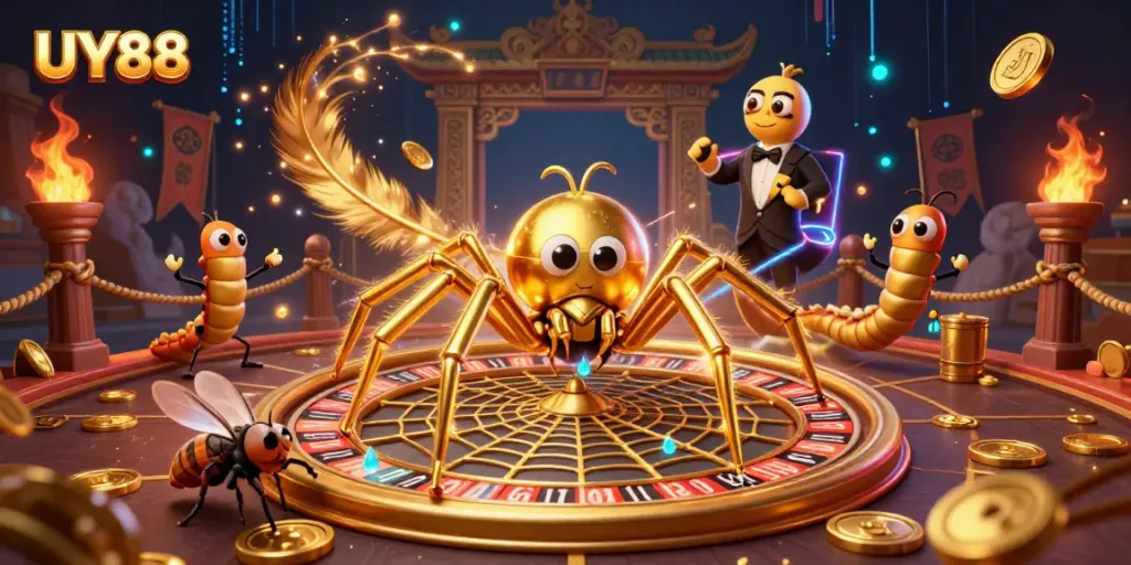 At UY88, place your bets in a vibrant 3D casino scene with a golden spider and centipede croupier.