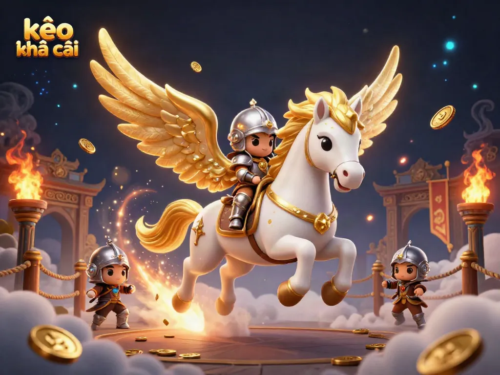 Experience the thrill of betting with Kèo Nhà Cái in this vibrant 3D illustration featuring a celestial horse and knight in a dynamic gambling arena.