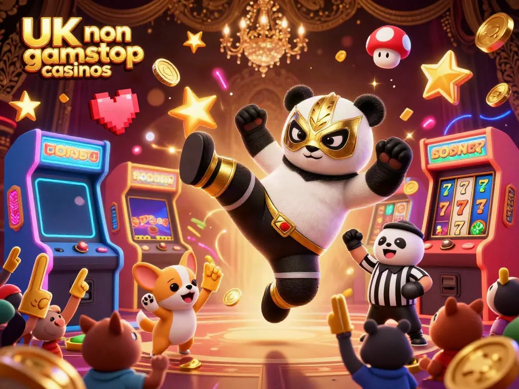 Engaging 3D scene showcasing UK non gamstop casinos featuring a wrestler panda and cheering animal crowd.