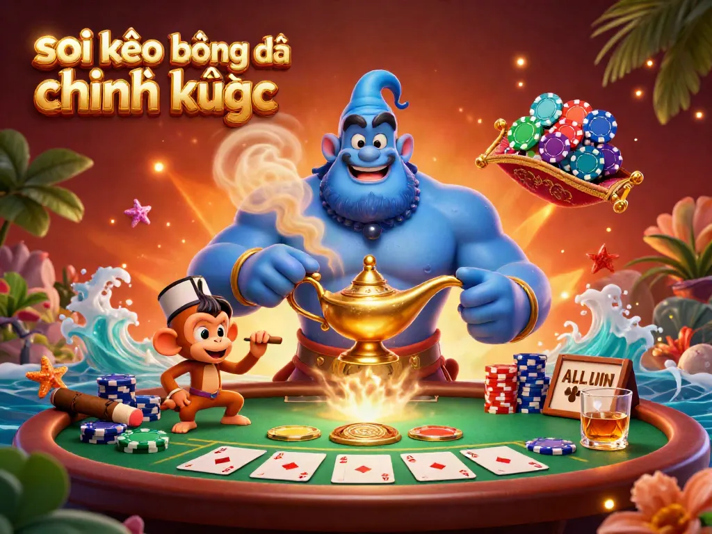 Soi kèo bóng đá chính xác, genie bursts from lamp with poker elements in vibrant casino scene