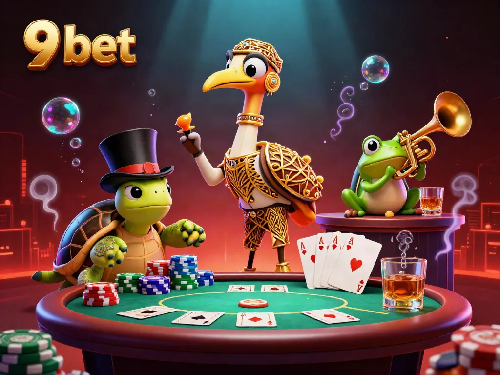 Engage with 9 bet in a lively 3D scene showcasing poker games, colorful chips, and festive characters.