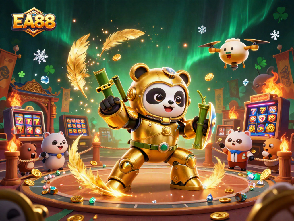Join the EA88 excitement in a vibrant casino arena with a mech-suit panda and dynamic slot machines.