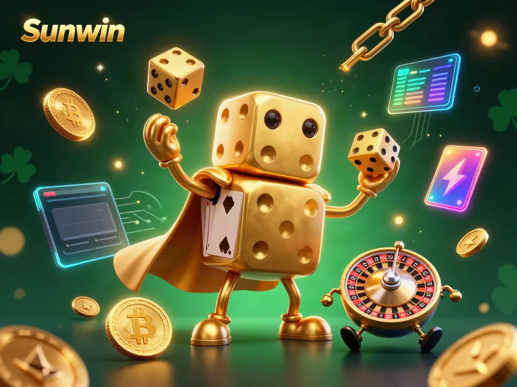 Sunwin showcases vibrant casino action with a golden dice golem and cryptocurrency elements in an exciting digital environment.