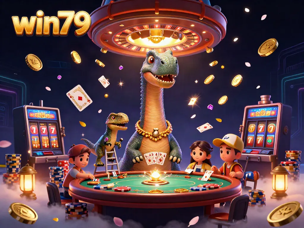 Experience the fun at win79 casino with a playful 3D illustration depicting thrilling gambling action.