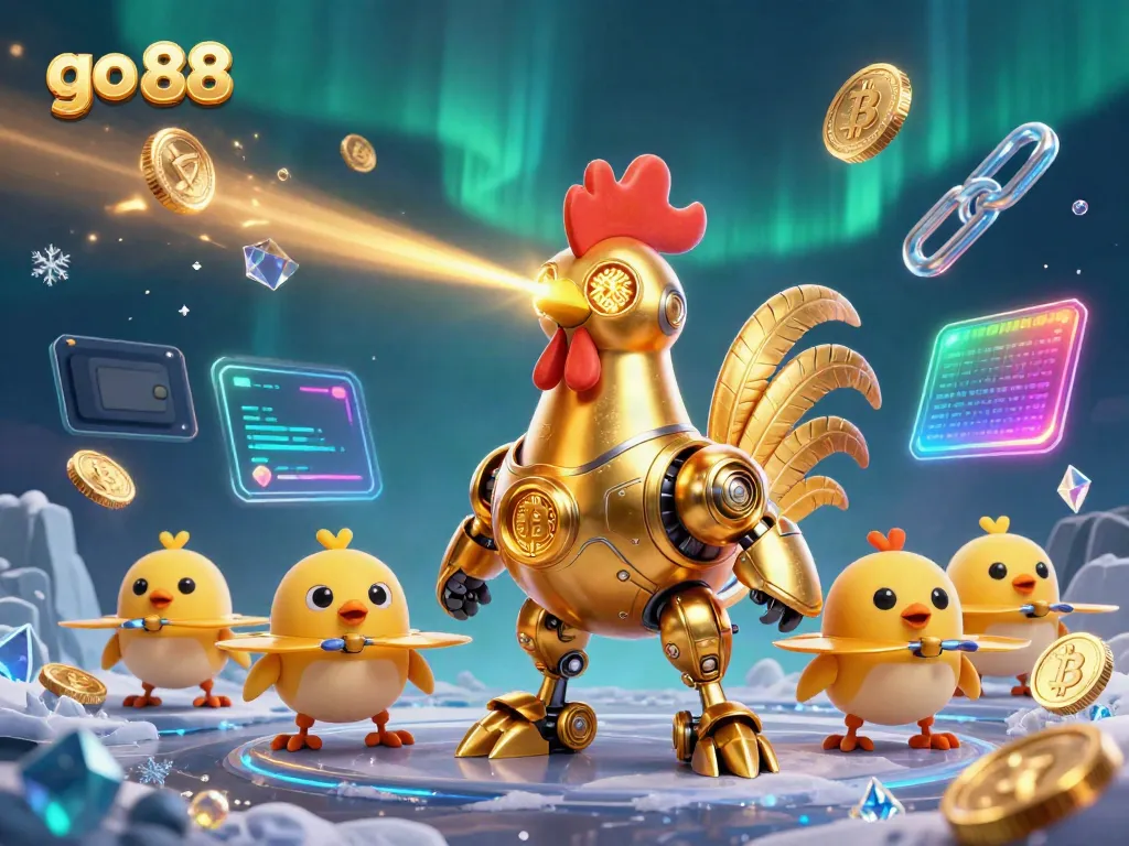 Engage in exciting gameplay at go 88 with a dynamic golden rooster robot and baby chick drones surrounded by vibrant crypto elements.