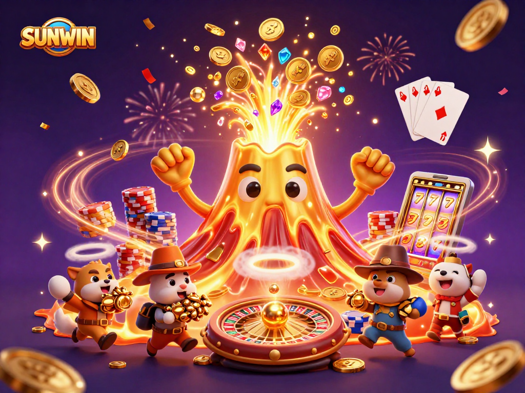 SUNWIN players enjoying an exciting eruption of coins and treasures in a vibrant casino scene