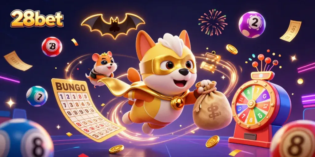Experience the excitement of 28bet with a superhero dog and hamster in a dynamic 3D casino scene.