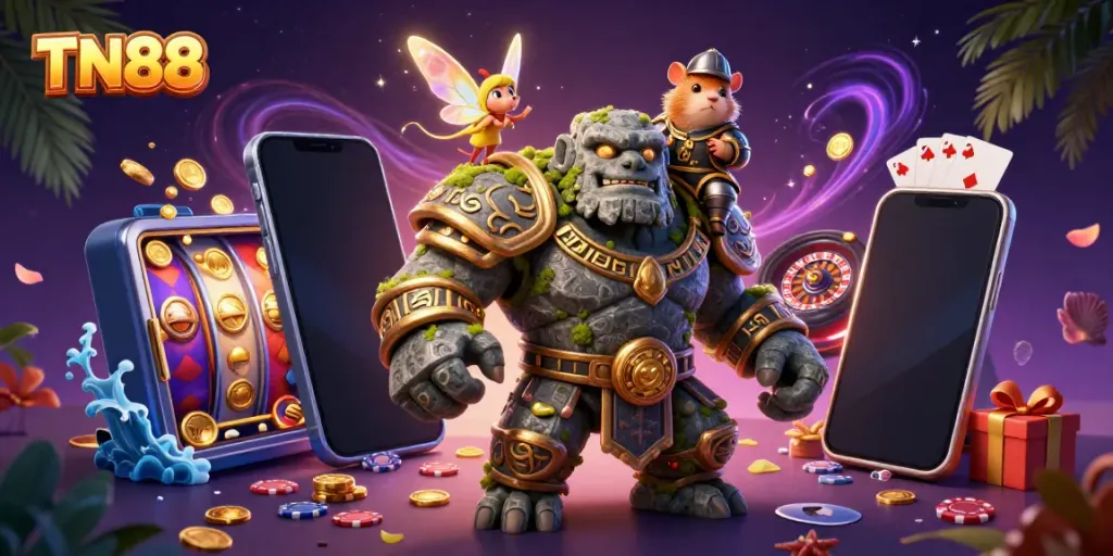 Experience exhilarating gameplay at TN88 with a golem guardian, a fairy, and a hamster knight amid vibrant casino elements.