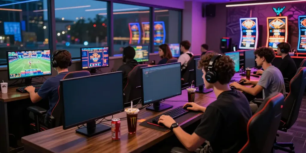 9 bet players intensely engaging in diverse online games in a modern lounge.