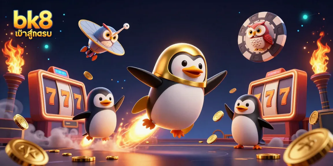 Experience the thrill with bk8 เข้าสู่ระบบ as the golden penguin flies through a casino-themed galaxy!
